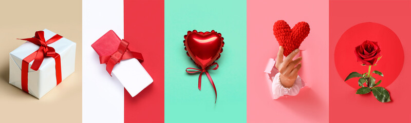 Festive collage for Valentines Day on color background