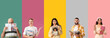 © Pixel-Shot - Set of different people with magazines on color background