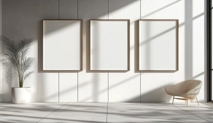Poster - Three Empty Frames on a Minimalist Gallery Wall with Natural Sunlight