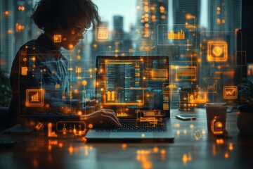 modern office technology and productivity with digital icons and soft lighting