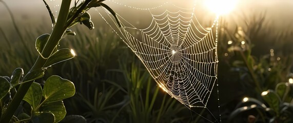 Wall Mural - Glistening dew on a spiders web capturing the magic of morning light