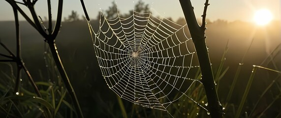 Wall Mural - Glistening dew on a spiders web capturing the magic of morning light