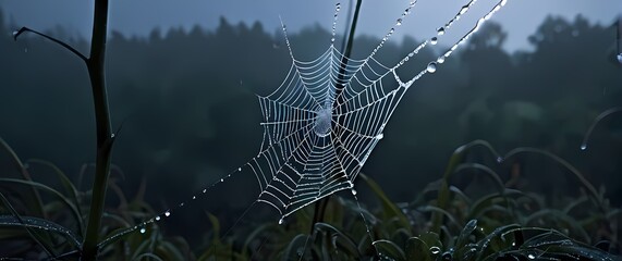Wall Mural - Glistening droplets on a spiders web after a light rain showcasing natures art