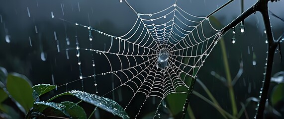 glistening droplets on a spiders web after a light rain showcasing natures art