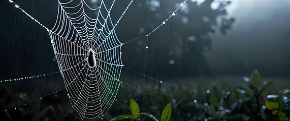 Wall Mural - Glistening droplets on a spiders web after a light rain showcasing natures art