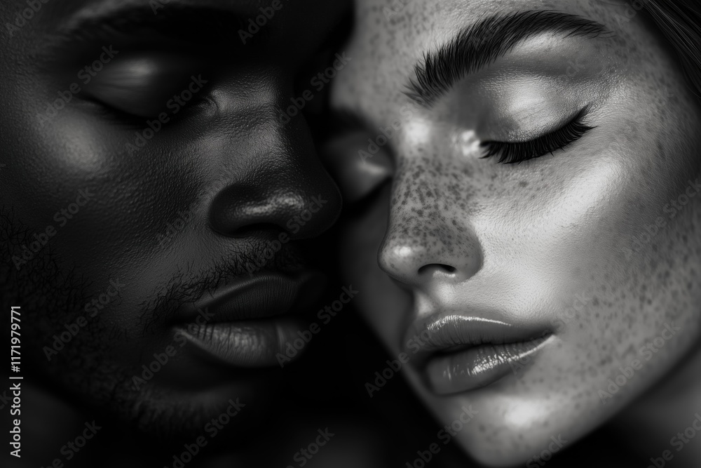 Black Man and White Woman with Closed Eyes. Glamour Portrait of a ...
