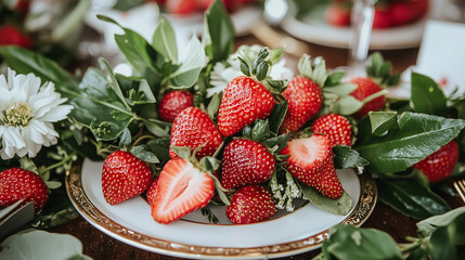 Wall Mural - A beautifully arranged tablescape showcasing whimsical strawberry centerpieces