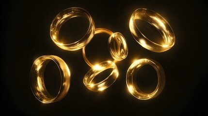 Poster - Glowing Golden Rings Floating In Darkness