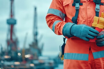 Leinwandbilder - Dedicated Worker in Bright Orange Suit Holding a Vibrant Yellow Tool Surrounded by Industrial Elements Showcasing Hard Work and Determination