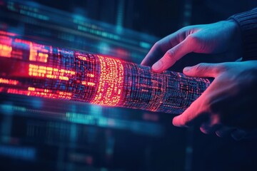 Poster - A glowing data pipeline being intercepted by shadowy hands, with a professional working to patch the vulnerability
