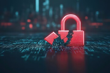 Leinwandbilder - A glowing red padlock broken in half, symbolizing a security breach, set against a backdrop of a digital cityscape