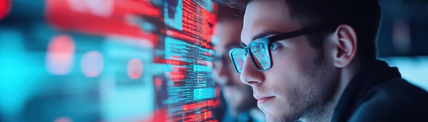 Poster - Focused Man Wearing Glasses Engaged in Work on Computer Screen in a Modern Workspace Surrounded by Technology and Creative Tools for Productivity