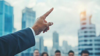 Poster - Individual Gesturing Towards Urban Landscape Under Bright Sky with Skyscrapers and Clouds Creating a Sense of Exploration and Adventure in City Life