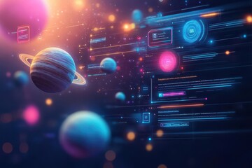 Poster - A Captivating Space Scene Featuring Distant Planets and an Advanced Computer Screen Creating a Futuristic and Cosmic Exploration Atmosphere