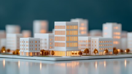 Architectural model of a modern urban development showcasing illuminated buildings and trees in a scenic layout surrounded by a calm background