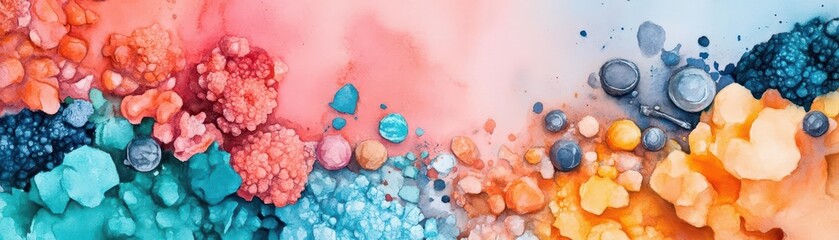 Poster - Abstract watercolor representation of minerals and mining tools, blending metallic hues with fluid forms