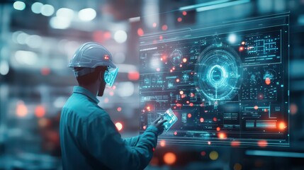 Poster - AIassisted oil refinery workers, using advanced holographic interfaces, glowing lights reflecting off metallic surfaces, scifiinspired digital painting