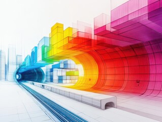 Poster - Vibrant Abstract Representation of Train Tracks with Colorful Patterns and Bold Shapes Evoking a Sense of Movement and Artistic Expression in Transportation