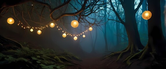 Wall Mural - whimsical decorations hanging from branches in a secluded forest nook