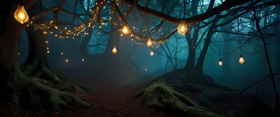 Wall Mural - whimsical decorations hanging from branches in a secluded forest nook