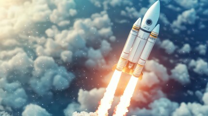 Poster - A Majestic Rocket Soars Through Billowing White Clouds Against a Clear Blue Sky Symbolizing Innovation Adventure and the Quest for Discovery in Space