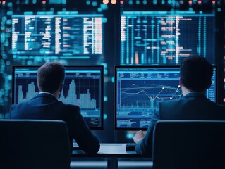 Poster - Engineers analyzing data on screens improving factory support close up dynamic blend mode control room