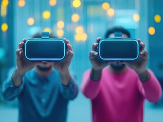Poster - Entrepreneurs testing virtual reality applications, immersive workspace, 3D illustration