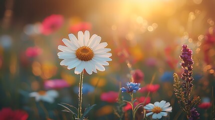 Canvas Print - Single daisy in vibrant sunset meadow.