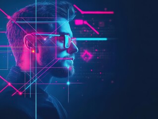 Poster - Futuristic set design intersected by neon lines close up bright gradients double exposure silhouette with glowing effects