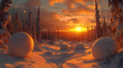 Sticker - Snowy winter landscape at sunset with snow-covered trees and large snowballs.