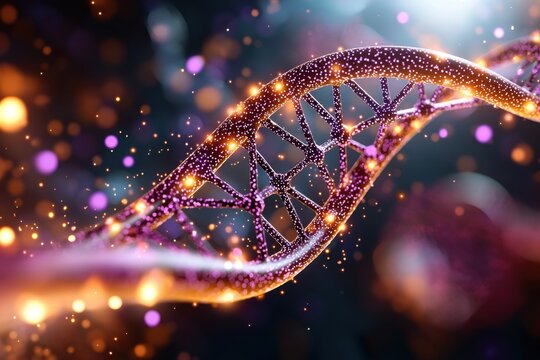 A vibrant and intricate 3D rendering of a DNA strand surrounded by glowing purple dots, symbolizing the complex network of genes and cells within the human body.