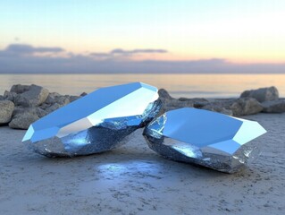 Poster - Two large, reflective crystals resting on a sandy shore with a serene ocean backdrop.