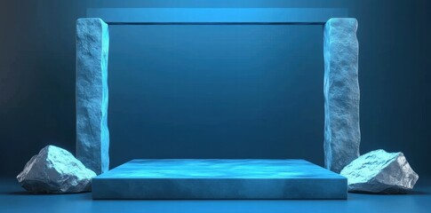Leinwandbilder - A minimalist blue stage with stone pillars and rocks, suggesting a serene atmosphere.