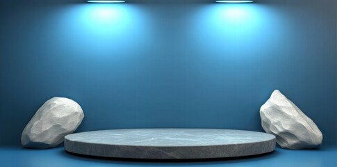 Leinwandbilder - A minimalist stage setup with rocks and blue lighting for presentations or displays.