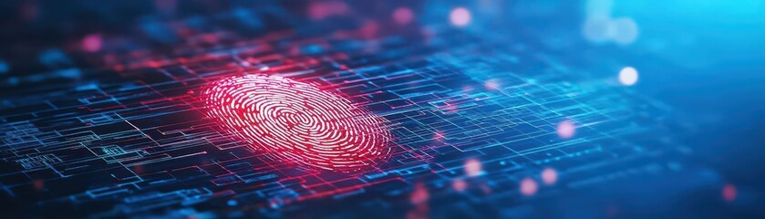 Poster - minimalist digital fingerprint symbol on a holographic screen, online visibility, identity and secur
