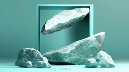 Poster - A minimalistic display of floating and scattered rocks in a turquoise frame.