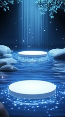 Poster - A serene water scene with glowing platforms and soft light beams.