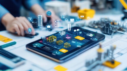 Poster - Creative Professional Using Tablet to Design Modern House Architecture with Technical Graphics and Plans in a Bright and Inspiring Workspace Environment