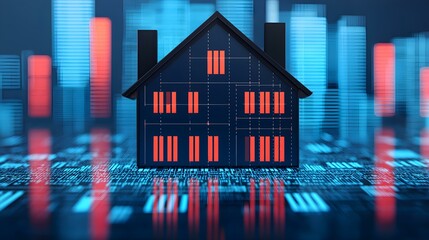 Digital representation of a modern house with binary code background illustrating real estate technology concepts