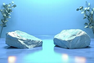 Poster - Two rocks on a serene blue surface with plants in the background.
