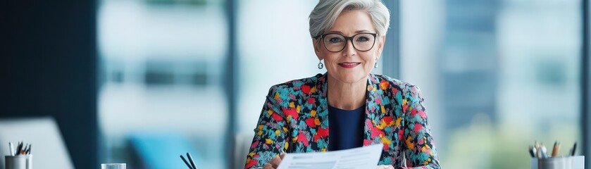 Poster - Focused Woman Writing at a Wooden Desk with Pen and Paper Surrounded by Books and Plants Creating a Calm and Productive Home Office Atmosphere