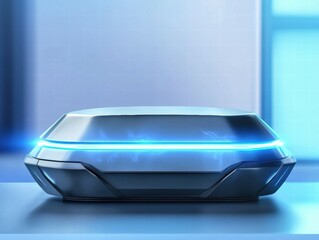 Aufkleber - A sleek, futuristic device with a glowing blue light on a smooth surface.