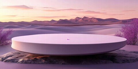 Aufkleber - A serene landscape with a minimalist platform against a desert backdrop at sunset.