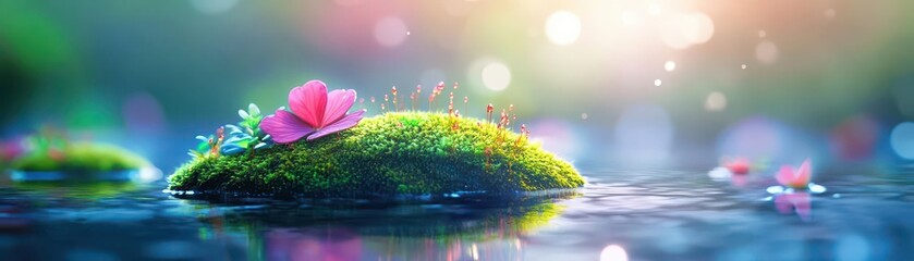 Poster - Tranquil Scene of a Small Island Adorned with a Vibrant Pink Flower Against a Calm Blue Sky and Serene Waters Evoking Peace and Natural Beauty