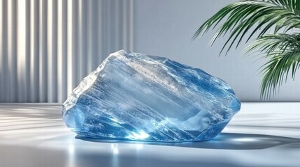 Poster - A large, translucent blue crystal sits on a sleek surface, illuminated by soft light.