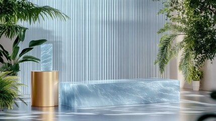 Poster - A serene interior space featuring blue marble-like furnishings and lush greenery.
