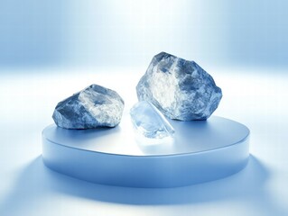 Poster - Three rocks, including a clear crystal, displayed on a circular platform with a soft blue backdrop.