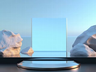 Leinwandbilder - A minimalist scene featuring a clear panel surrounded by smooth rocks and a serene background.