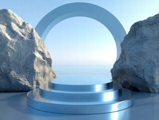 Poster - A serene, modern archway between rocks overlooking calm waters, suggesting a tranquil escape.