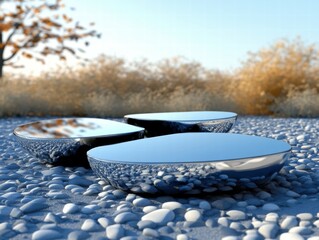 Leinwandbilder - Three reflective, pebble-shaped objects resting on a stony surface in a serene outdoor setting.